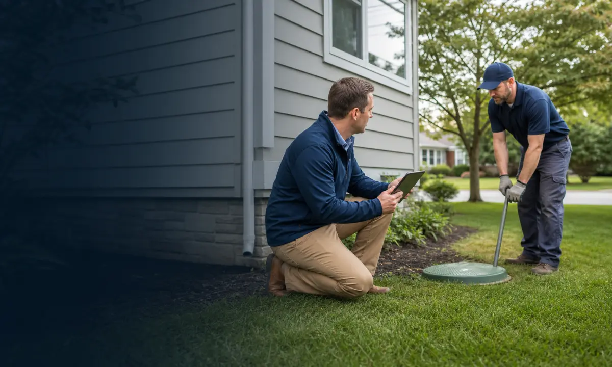 A home inspector coordinating septic follow-up near a residential septic cover