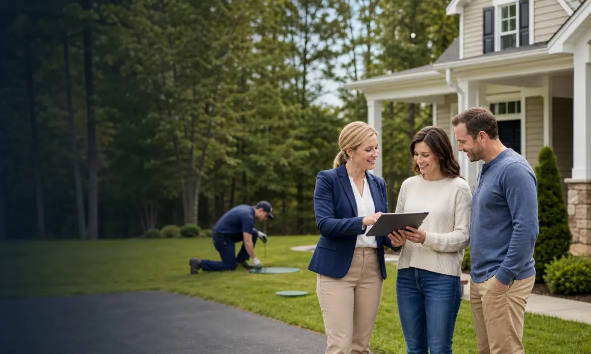 A realtor reviewing septic inspection details with home buyers