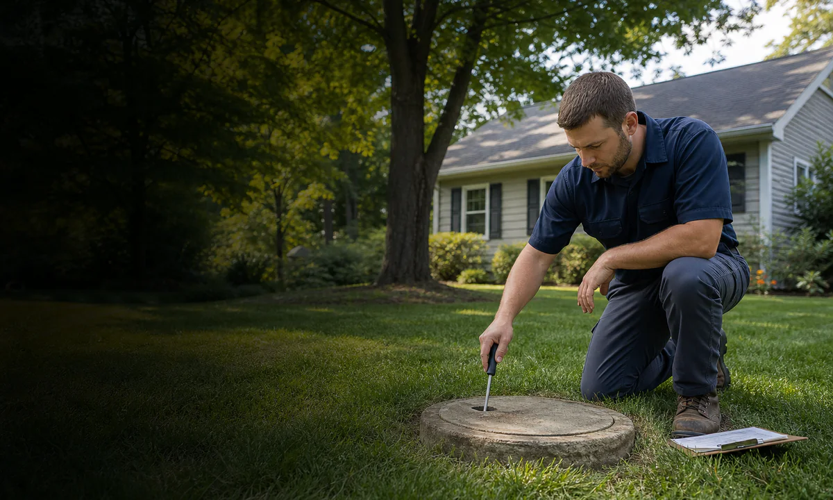 A septic technician inspecting a residential system